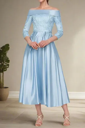 Off The Shoulder Tea Length Appliques Satin Wedding Guest Dresses