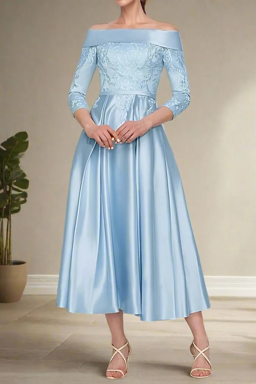 Off The Shoulder Tea Length Appliques Satin Wedding Guest Dresses