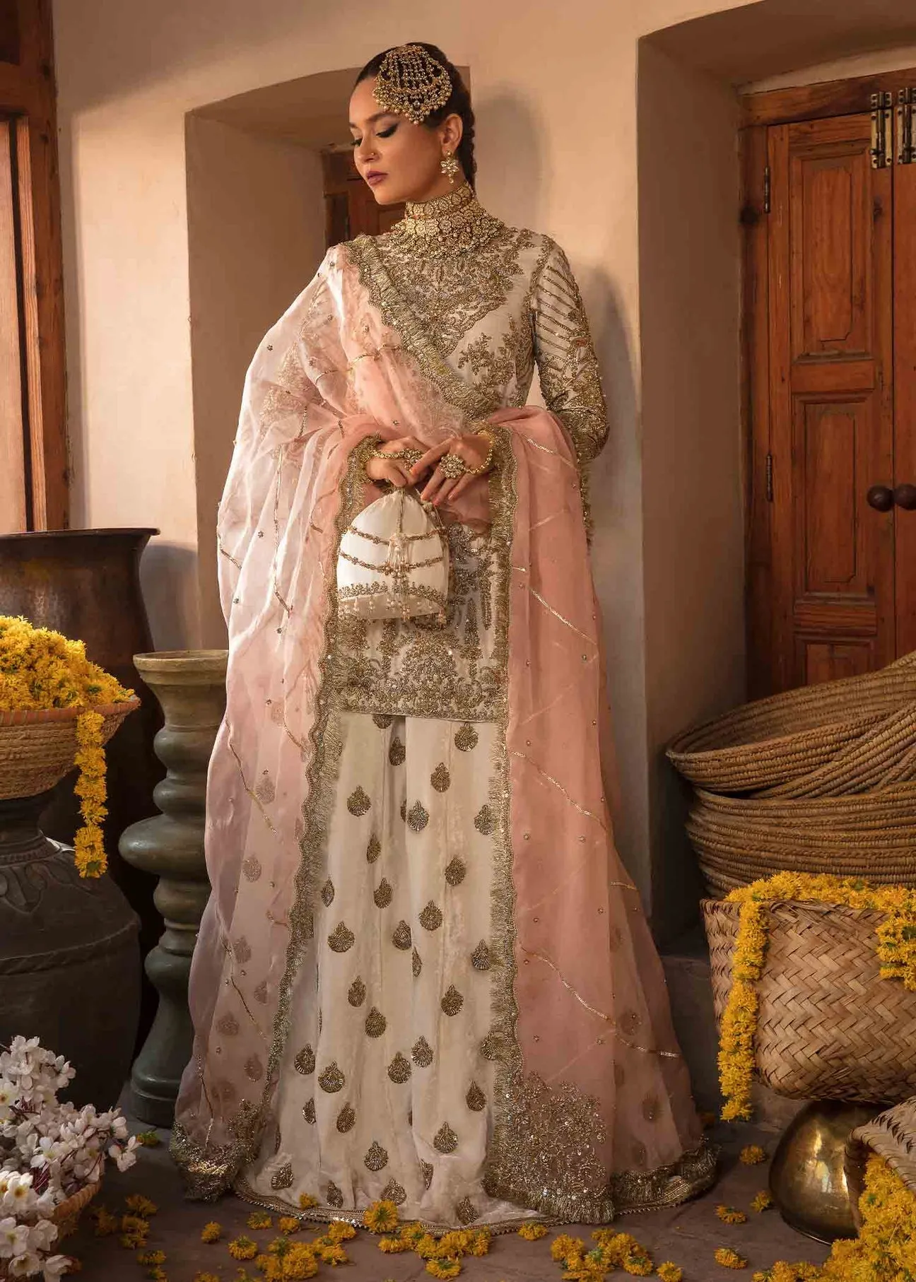 Off White Heavily Embroidered Pakistani Wedding Dress Kameez Sharara