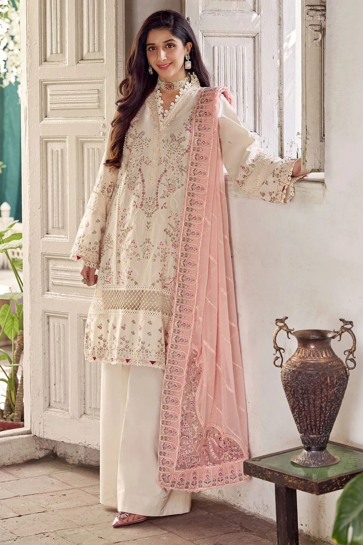Off White Traditional Pakistani Kameez Trousers Dupatta Eid Dress