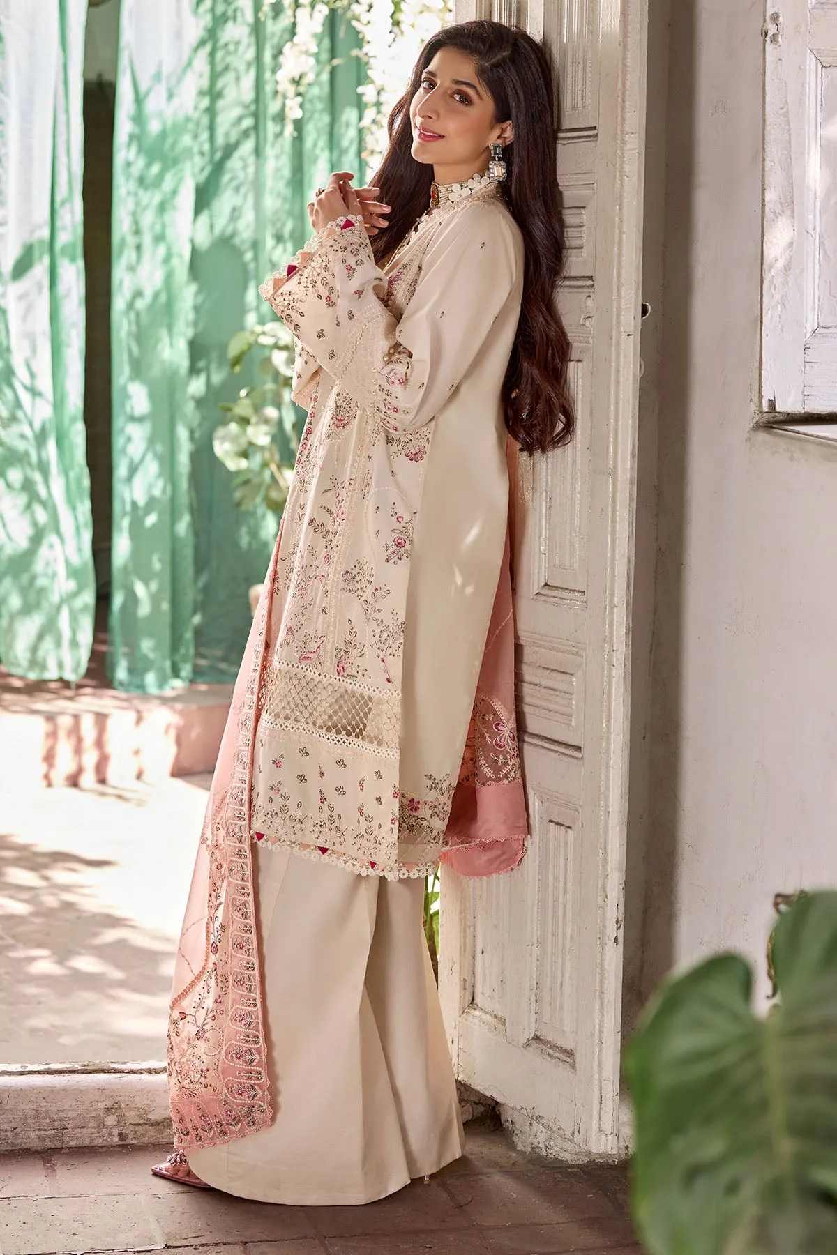 Off White Traditional Pakistani Kameez Trousers Dupatta Eid Dress