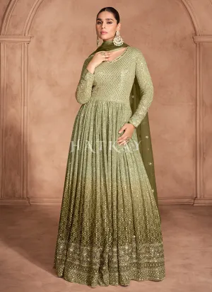 Olive Green Ombré Embroidery Anarkali Dress
