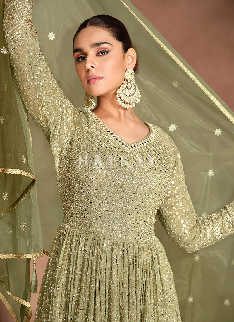 Olive Green Ombré Embroidery Anarkali Dress