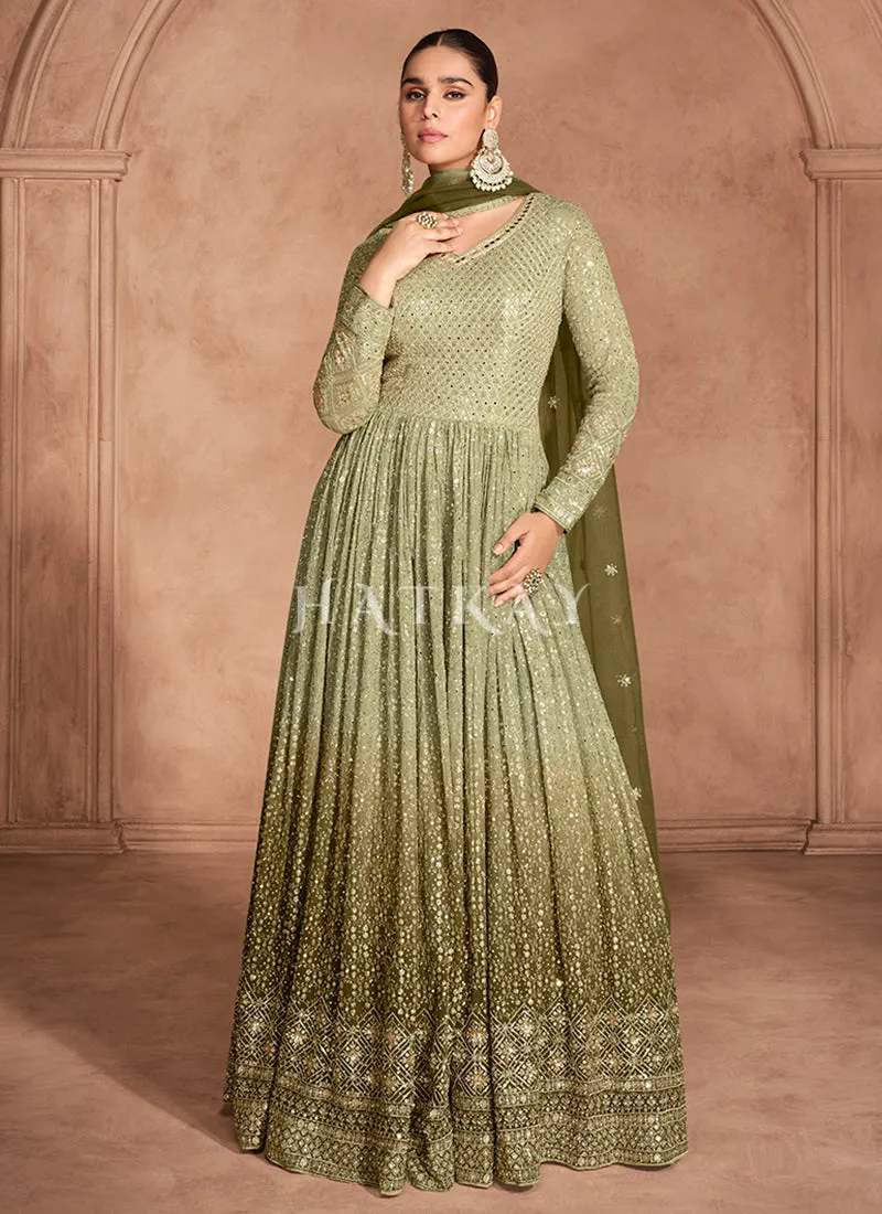 Olive Green Ombré Embroidery Anarkali Dress