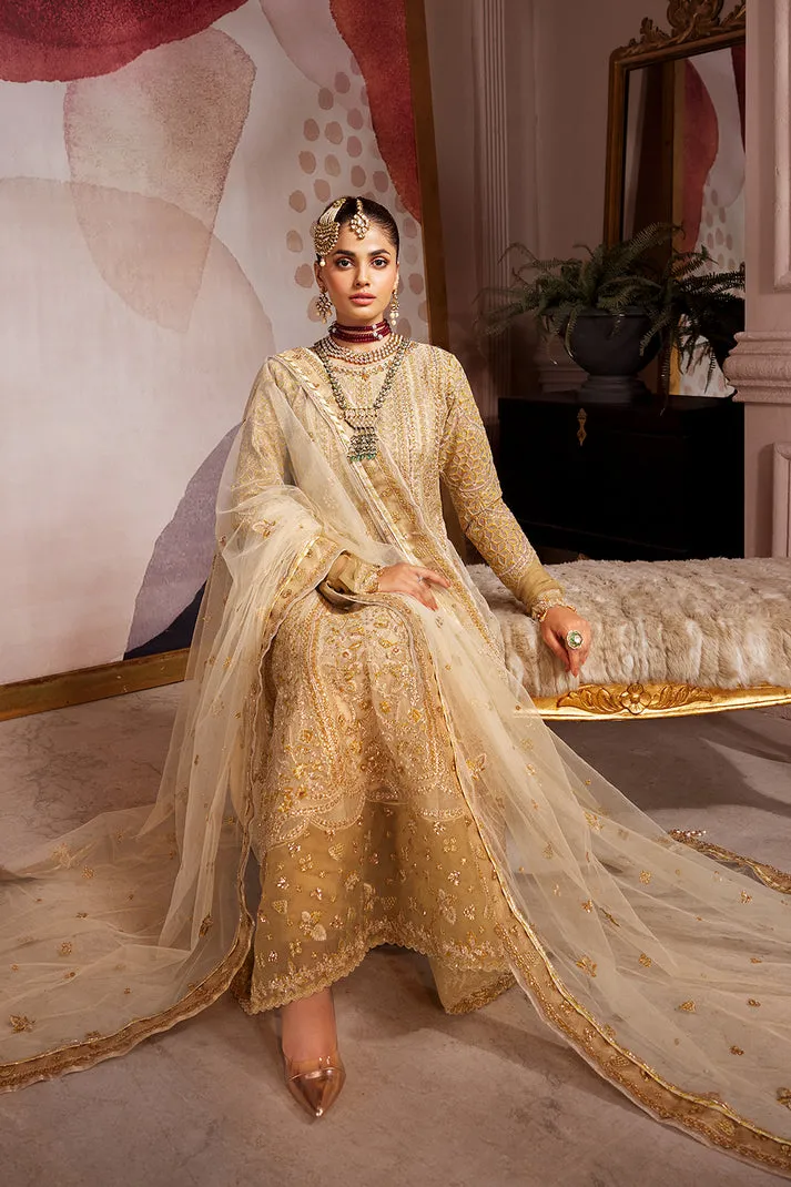 Organza Pishwas Frock Golden Pakistani Wedding Dress