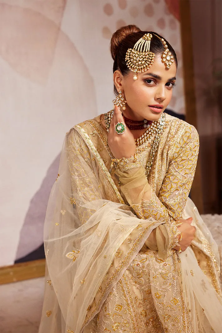 Organza Pishwas Frock Golden Pakistani Wedding Dress