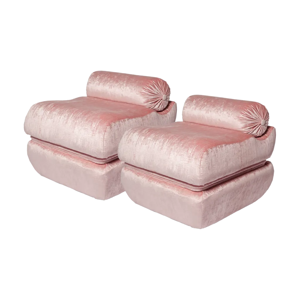 Pair of Blush Velvet Pouf Ottomans