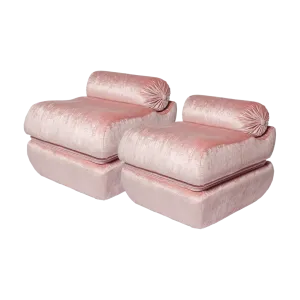 Pair of Blush Velvet Pouf Ottomans