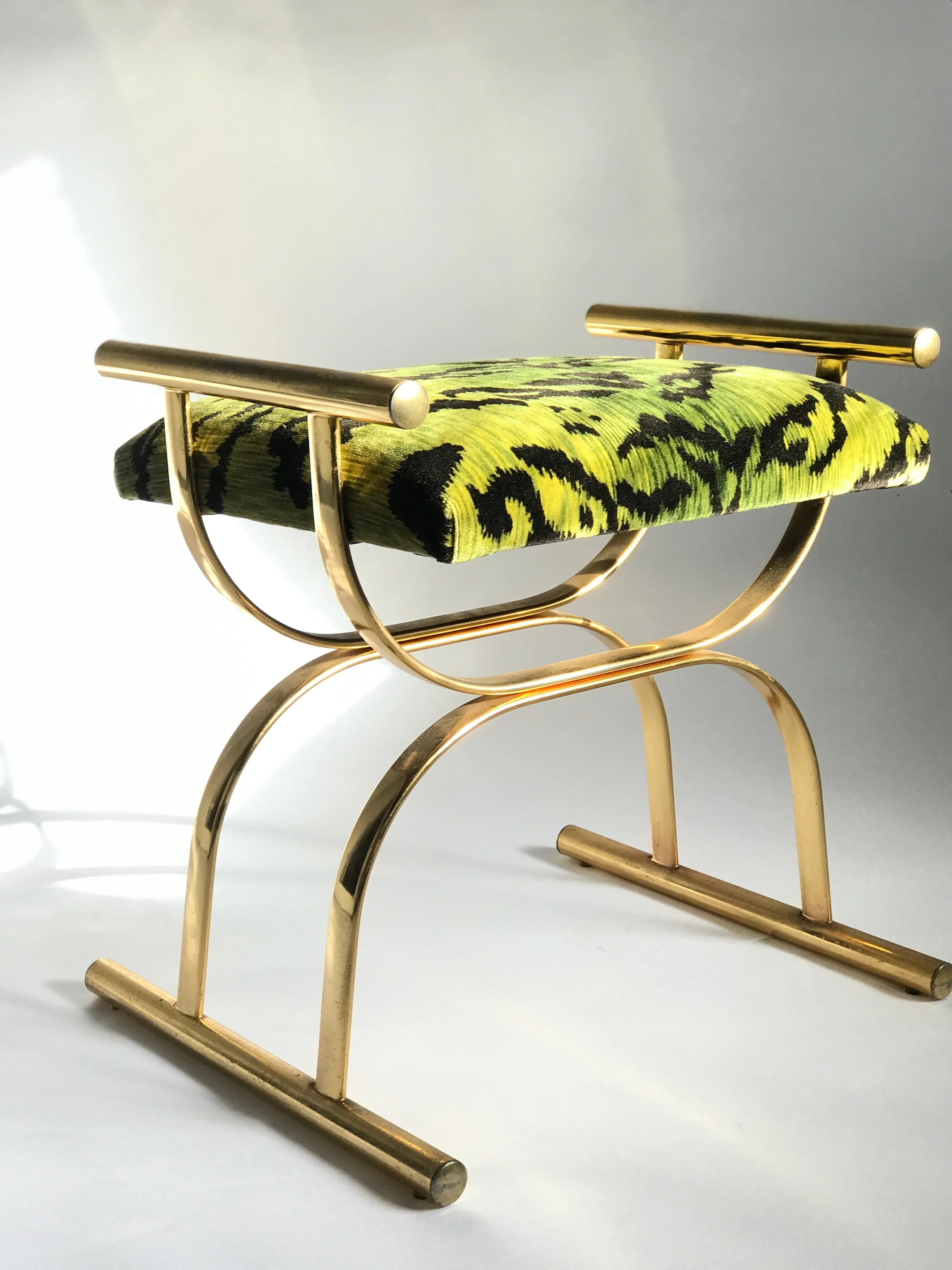 Pair of Vintage Brass and Velvet Stools