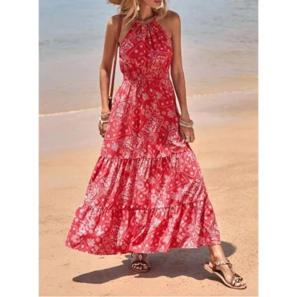 Paisley Print Ruffle Hem Halter Dress
