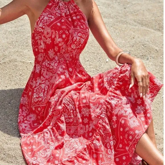 Paisley Print Ruffle Hem Halter Dress