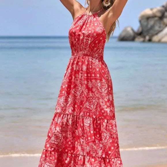 Paisley Print Ruffle Hem Halter Dress