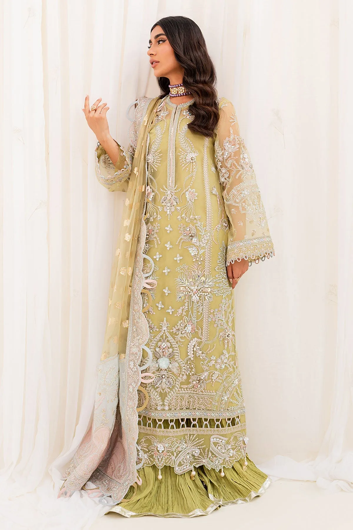 Pakistani Embroidered Kameez Crushed Sharara Yellow Wedding Dress
