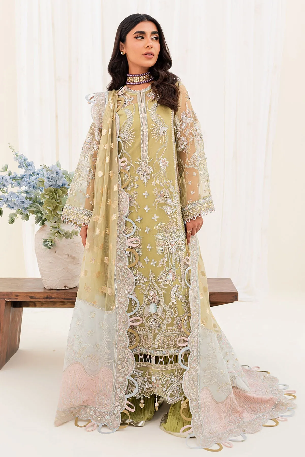 Pakistani Embroidered Kameez Crushed Sharara Yellow Wedding Dress