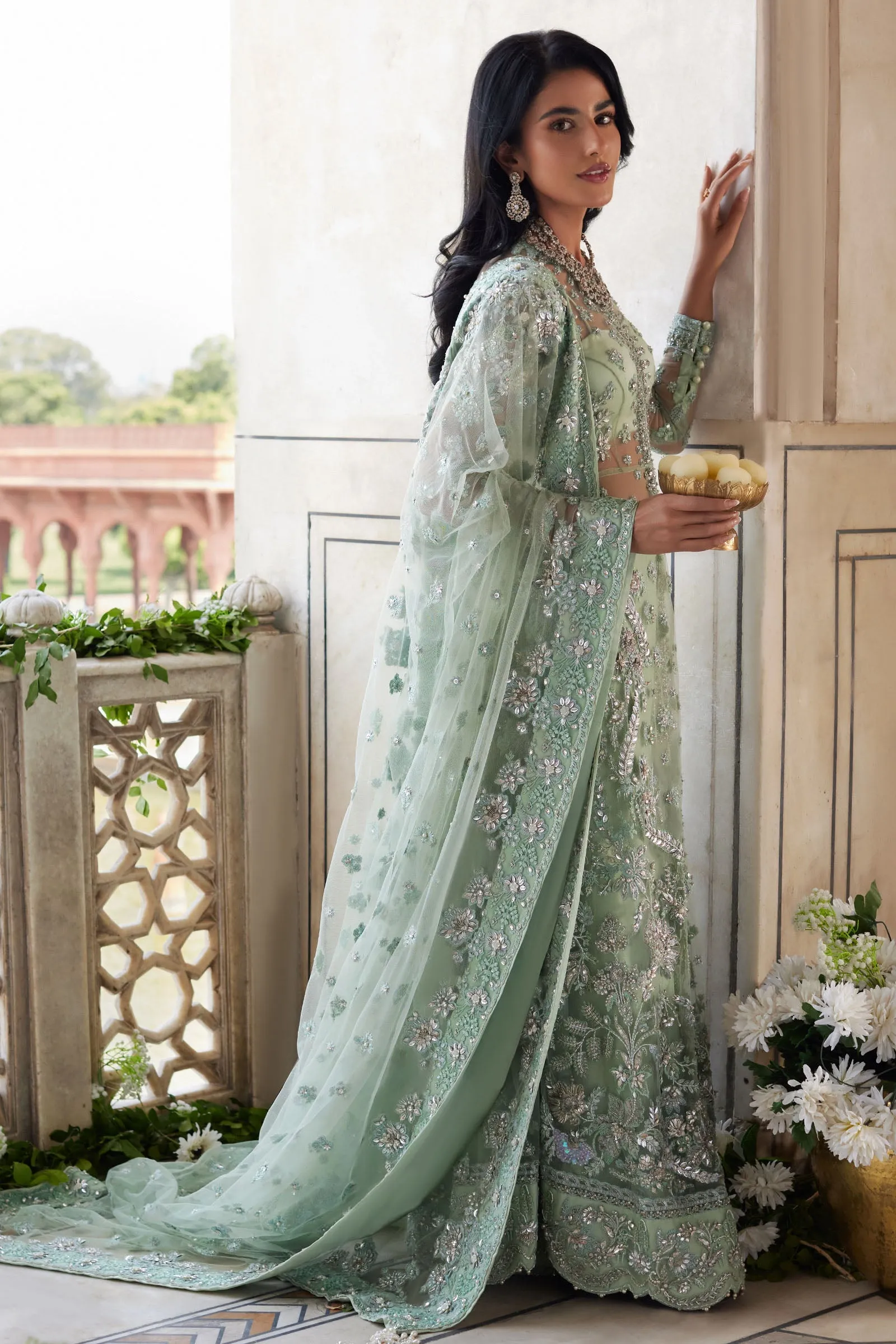 Pakistani Wedding Dress in Open Gown and Sharara Style