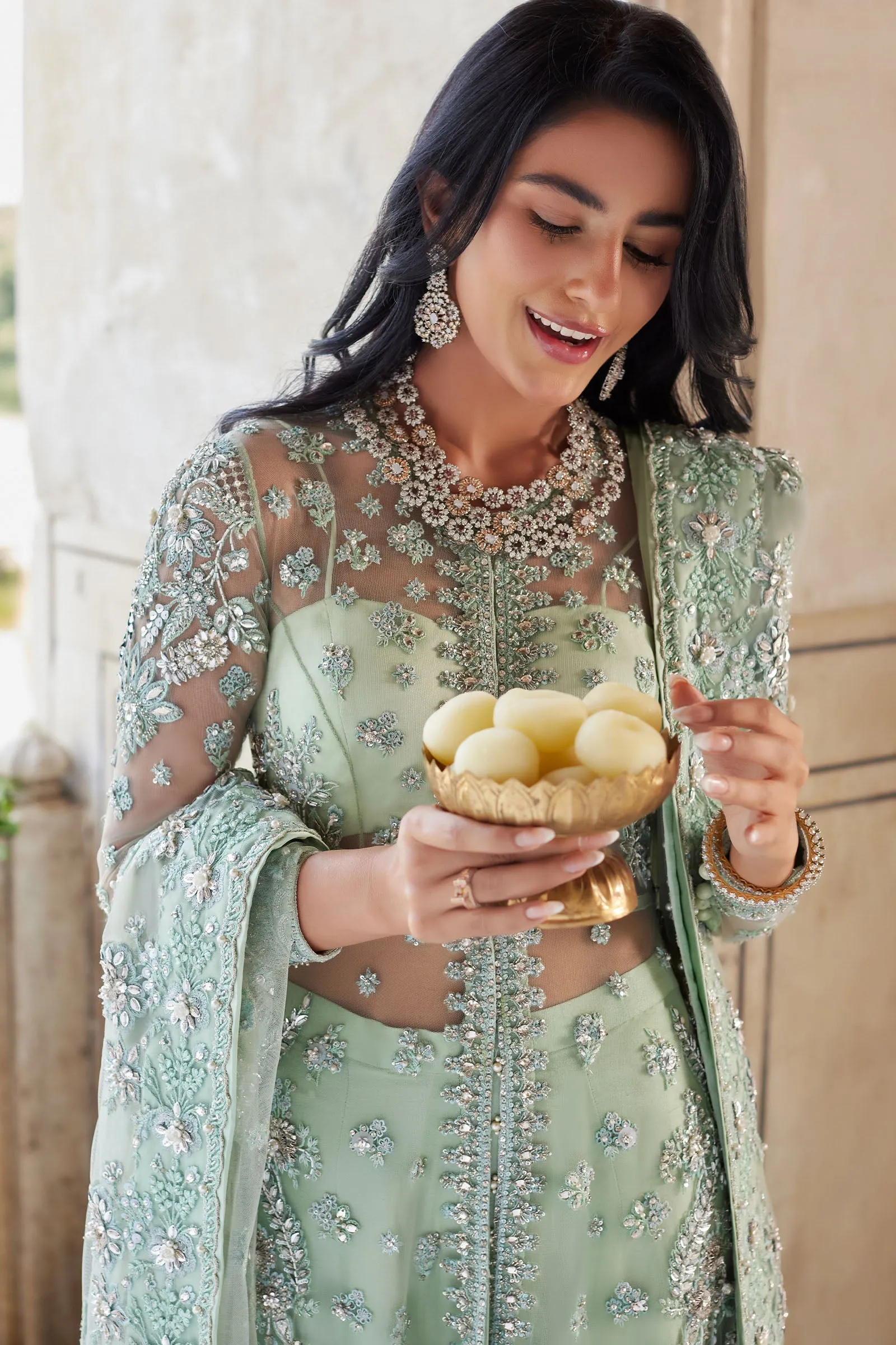 Pakistani Wedding Dress in Open Gown and Sharara Style