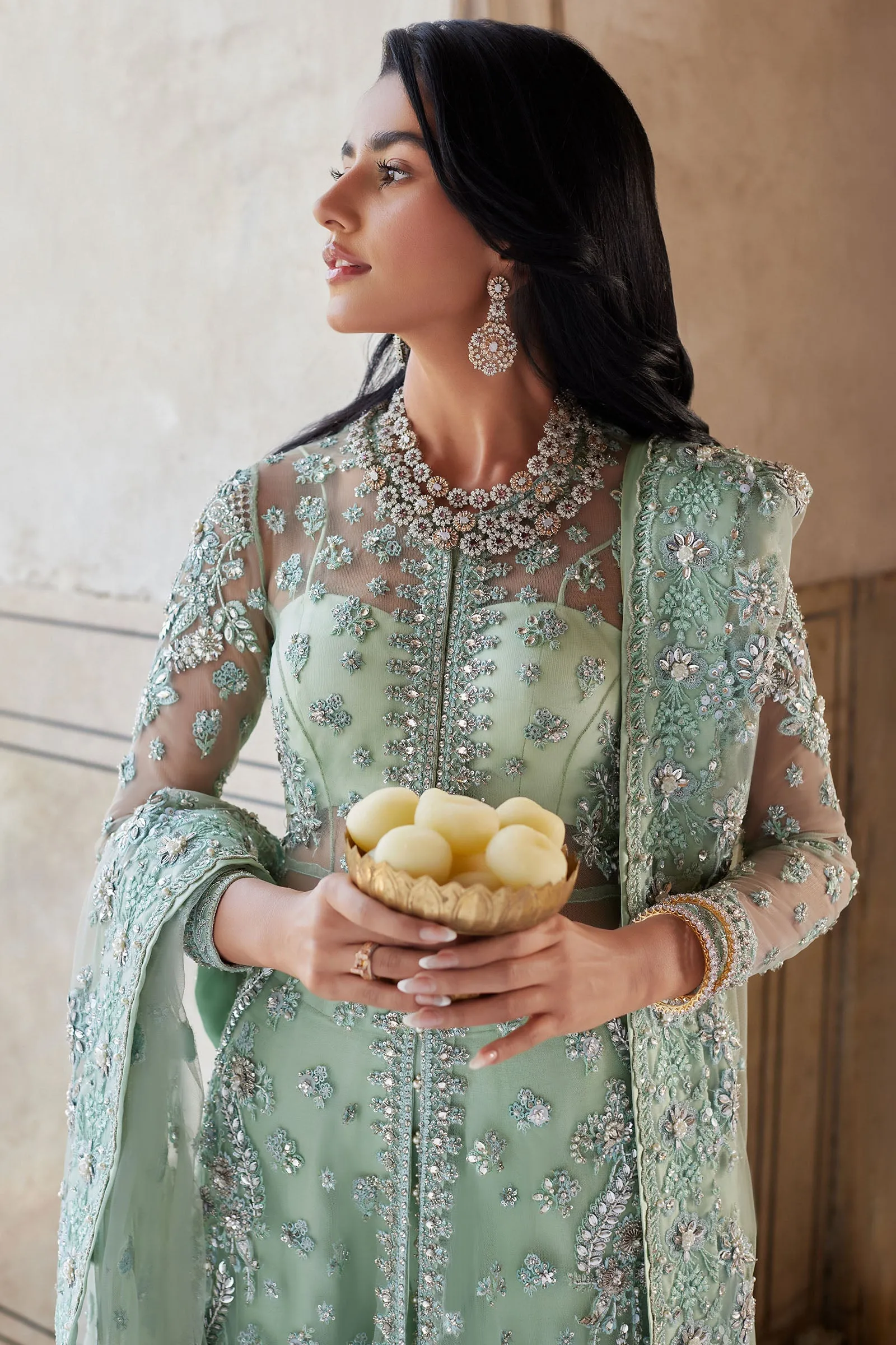 Pakistani Wedding Dress in Open Gown and Sharara Style