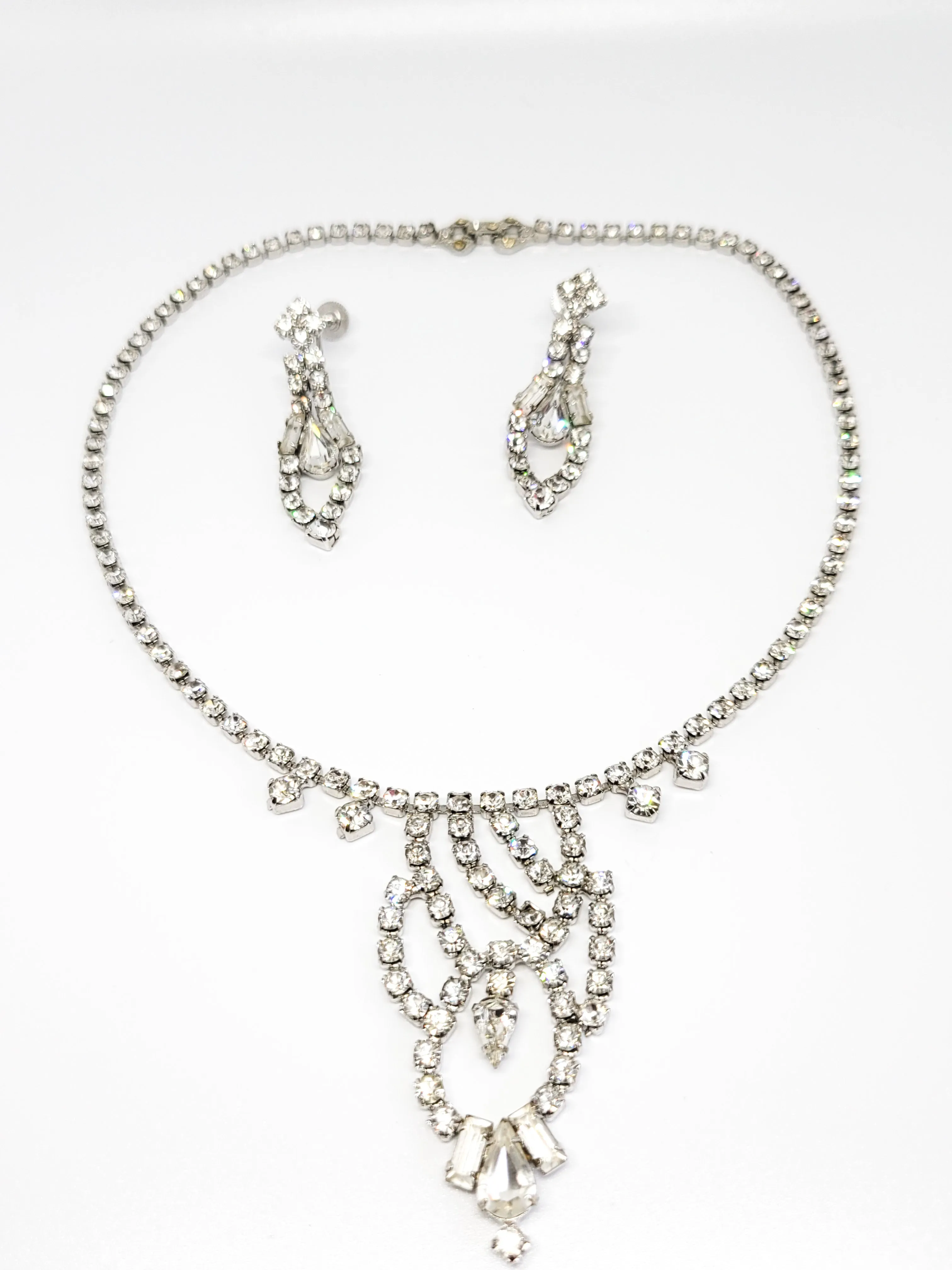 Palm Fifth Avenue NIB rhodium plated rhinestone demi set necklace earrings