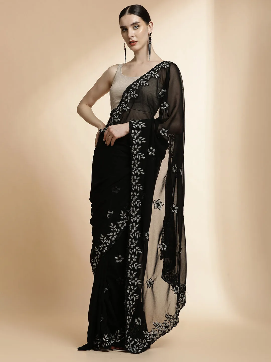Party Wear Embroidered Pure Georgette Black Saree