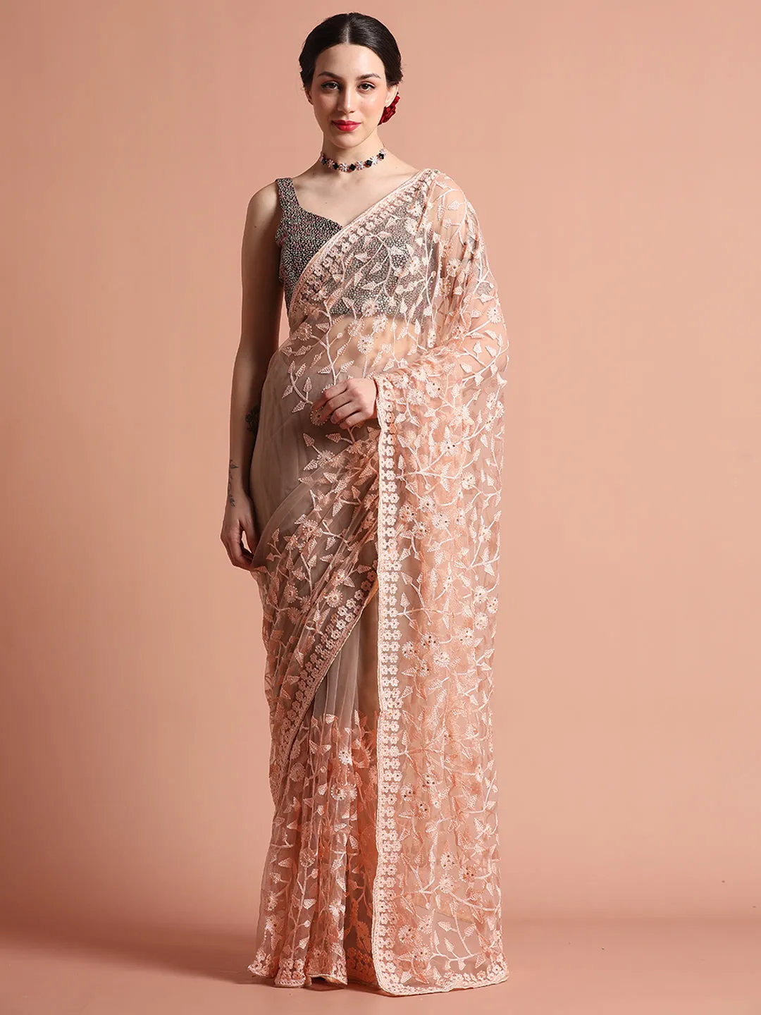 Party Wear Floral Peach Embroidered Net Saree