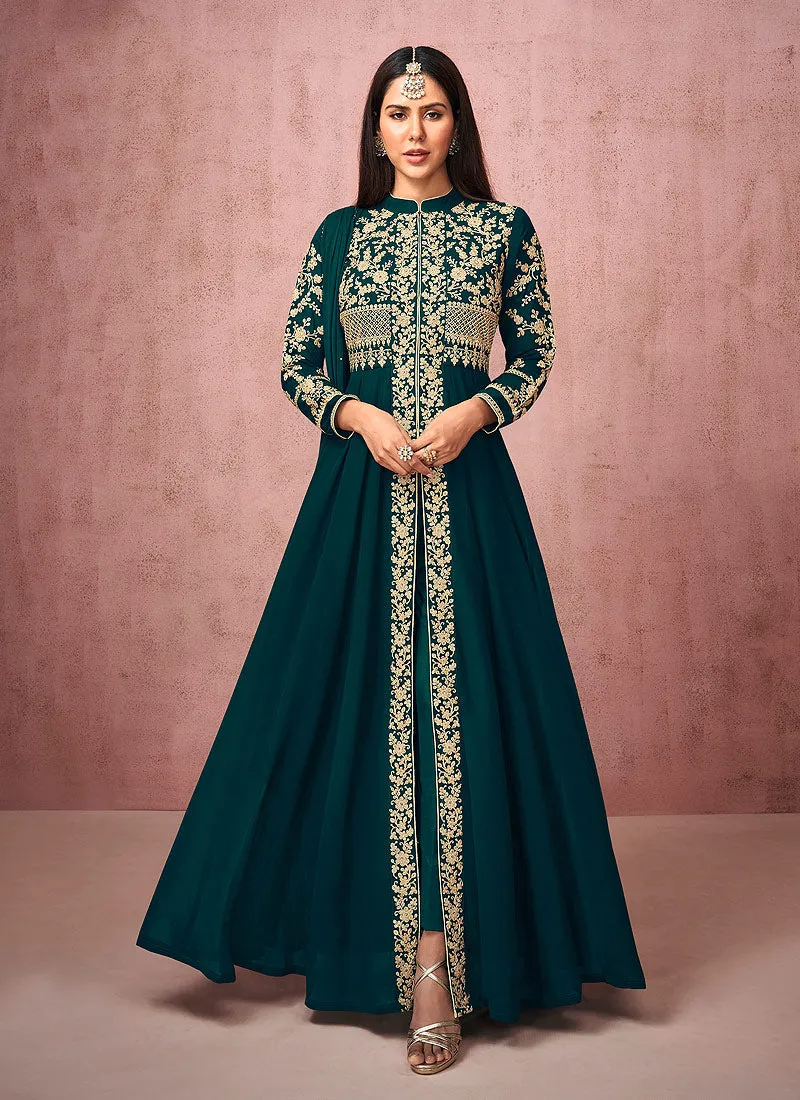 Peacock Green Embroidered Slit Style Anarkali Pant Suit