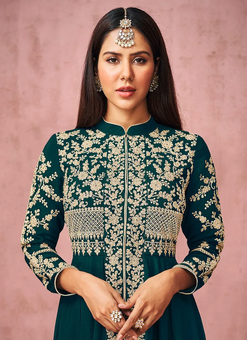 Peacock Green Embroidered Slit Style Anarkali Pant Suit