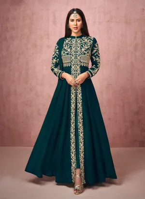 Peacock Green Embroidered Slit Style Anarkali Pant Suit