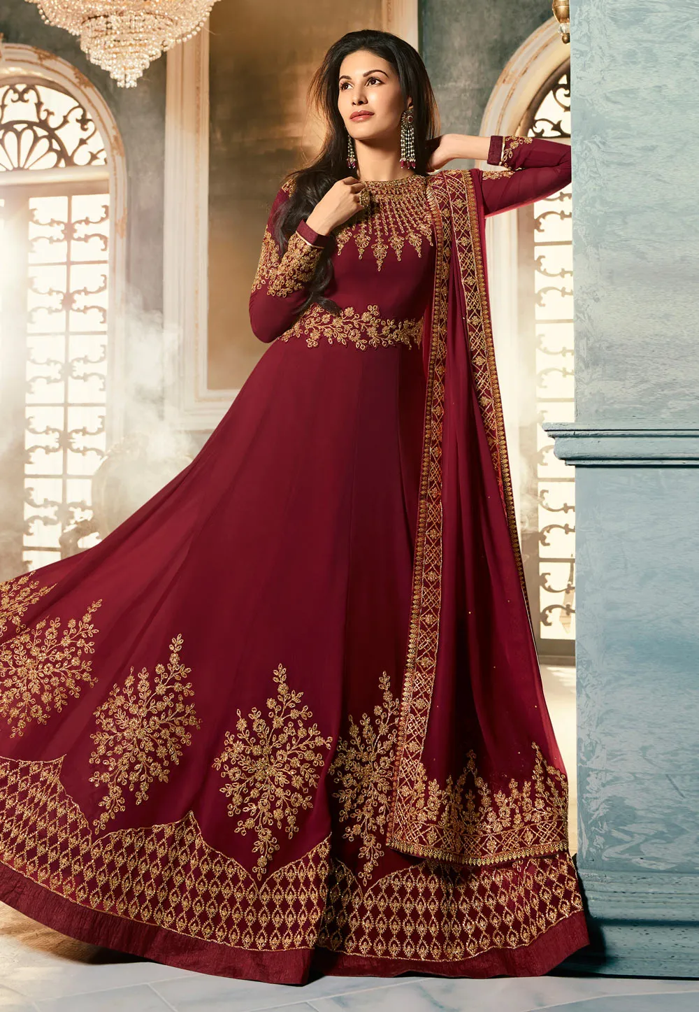 Red Golden Embroidered Anarkali Suit
