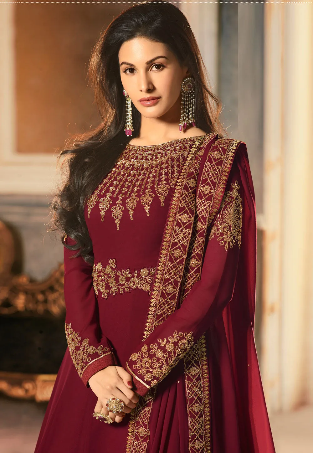 Red Golden Embroidered Anarkali Suit