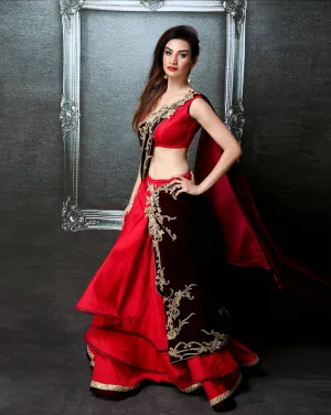 Red Layered Sari-Lehenga