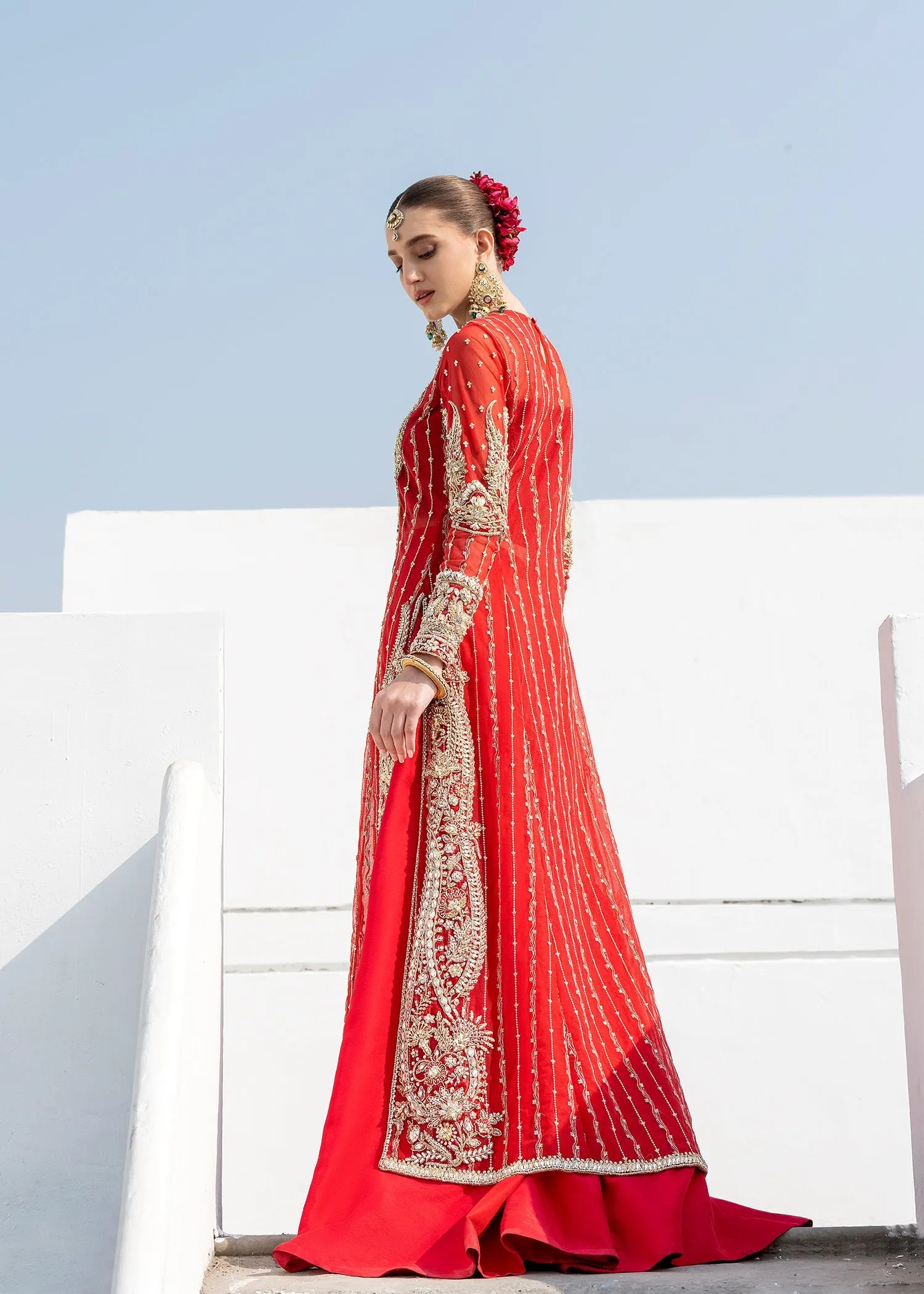 Red Pakistani Wedding Dress in Kameez Sharara Style