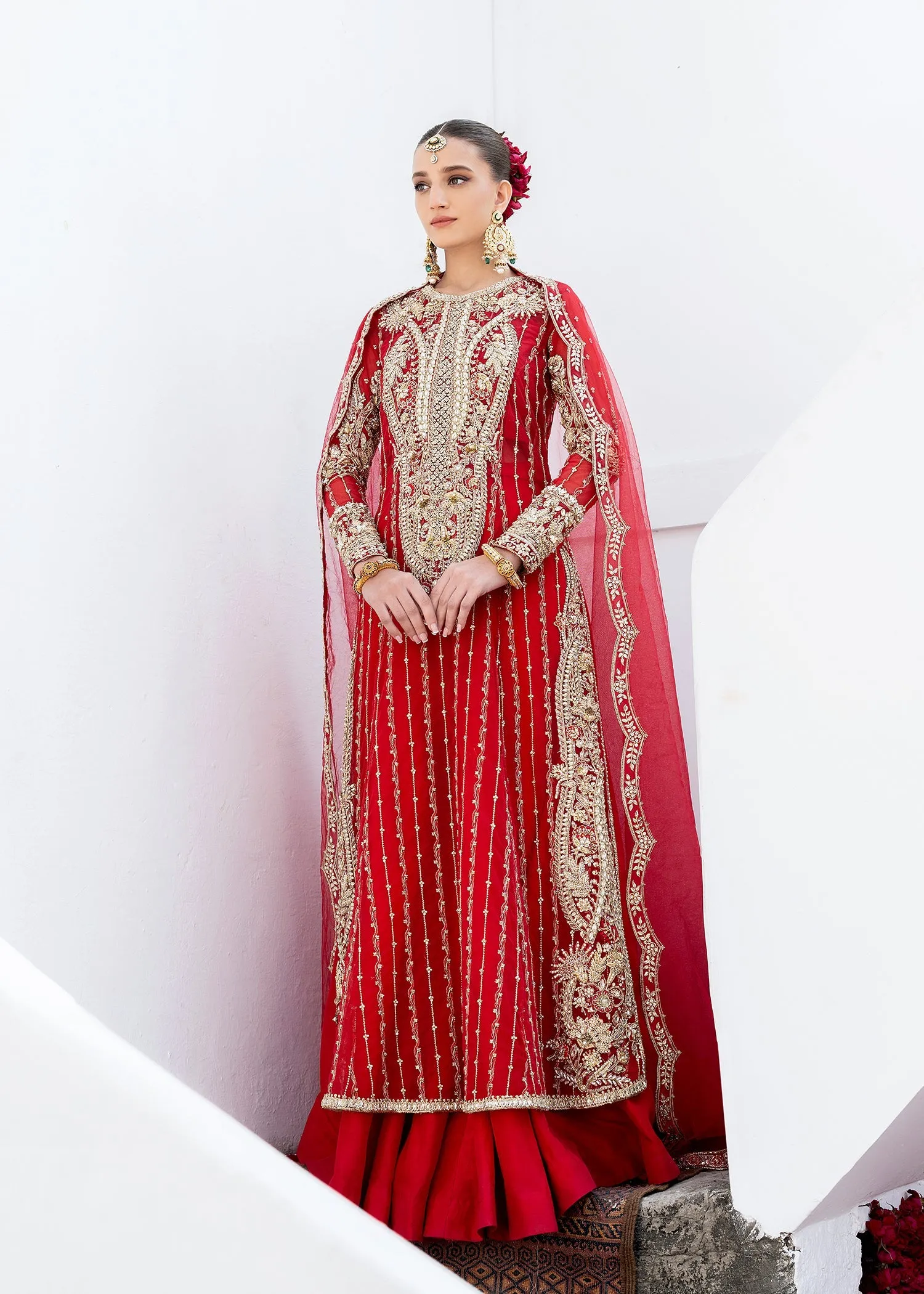 Red Pakistani Wedding Dress in Kameez Sharara Style