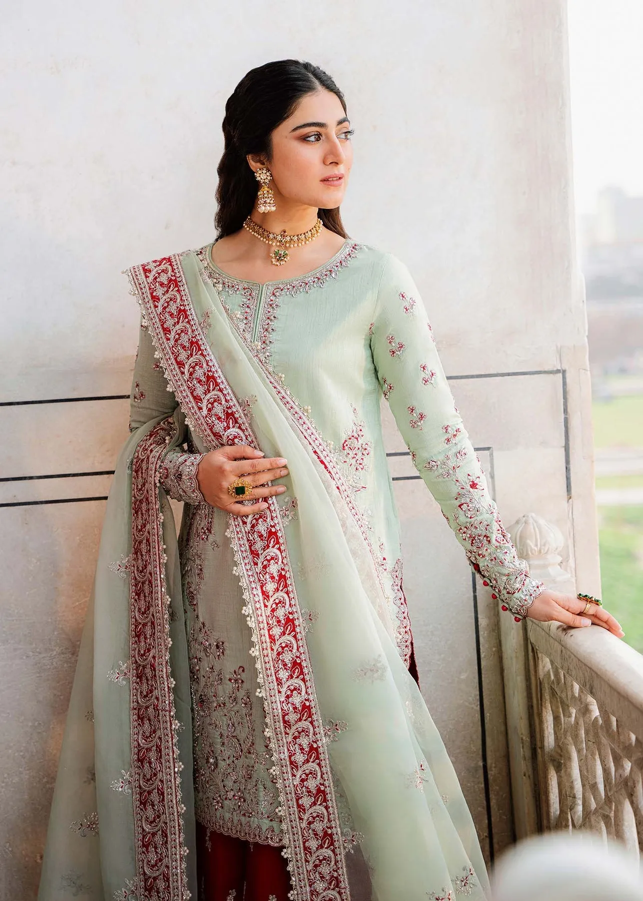 Royal Ice Blue Pakistani Salwar Kameez Embroidered Red Salwar Suit
