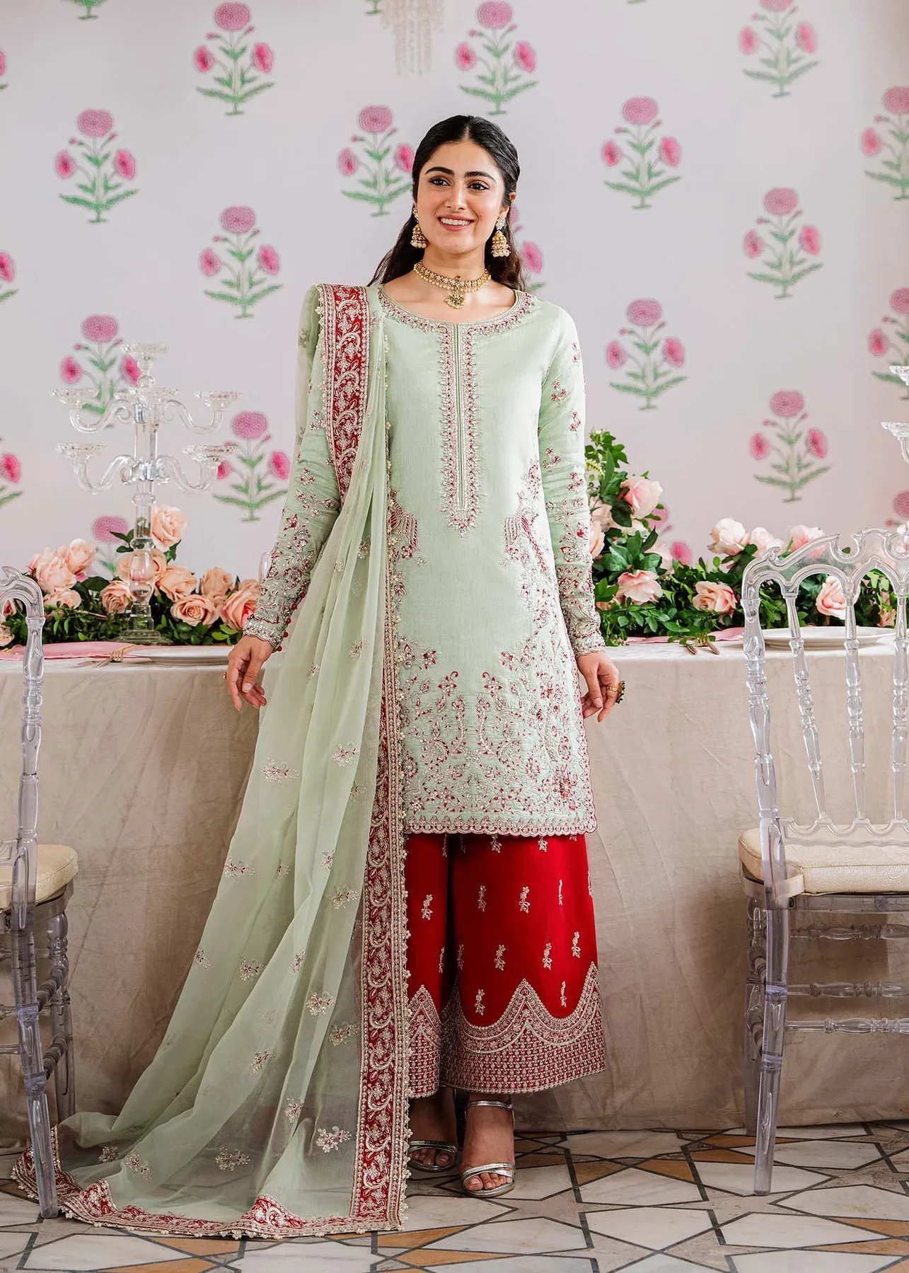 Royal Ice Blue Pakistani Salwar Kameez Embroidered Red Salwar Suit