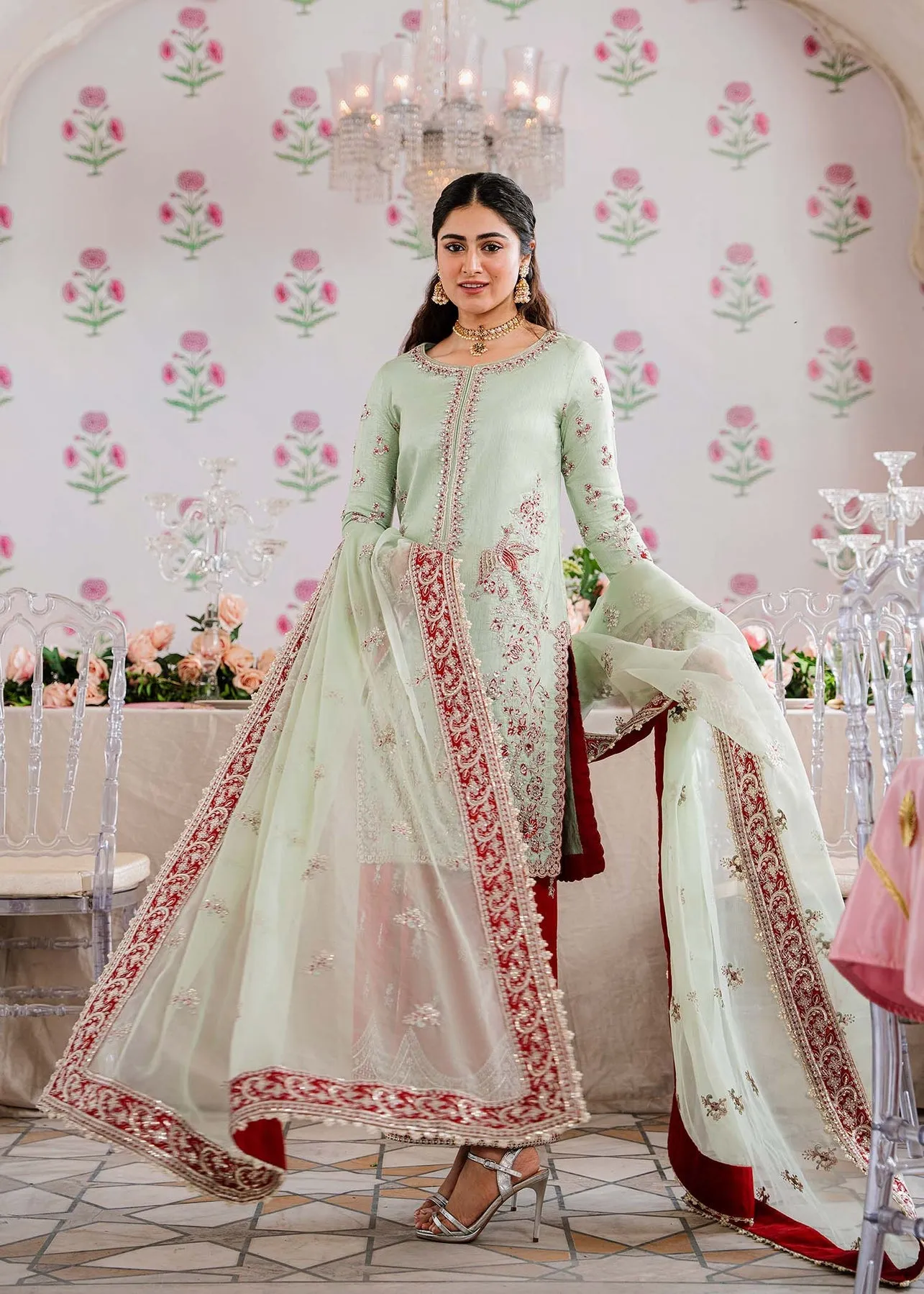 Royal Ice Blue Pakistani Salwar Kameez Embroidered Red Salwar Suit