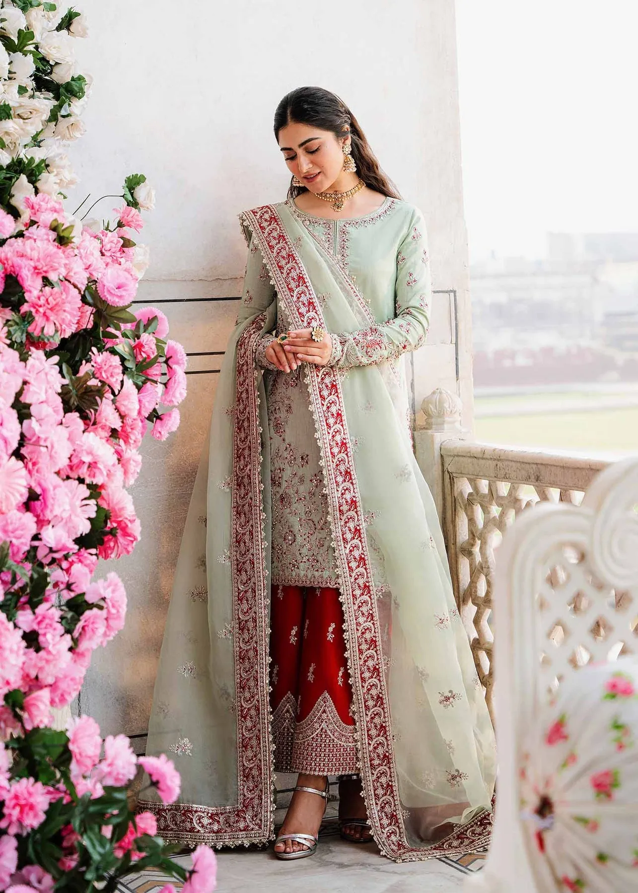 Royal Ice Blue Pakistani Salwar Kameez Embroidered Red Salwar Suit