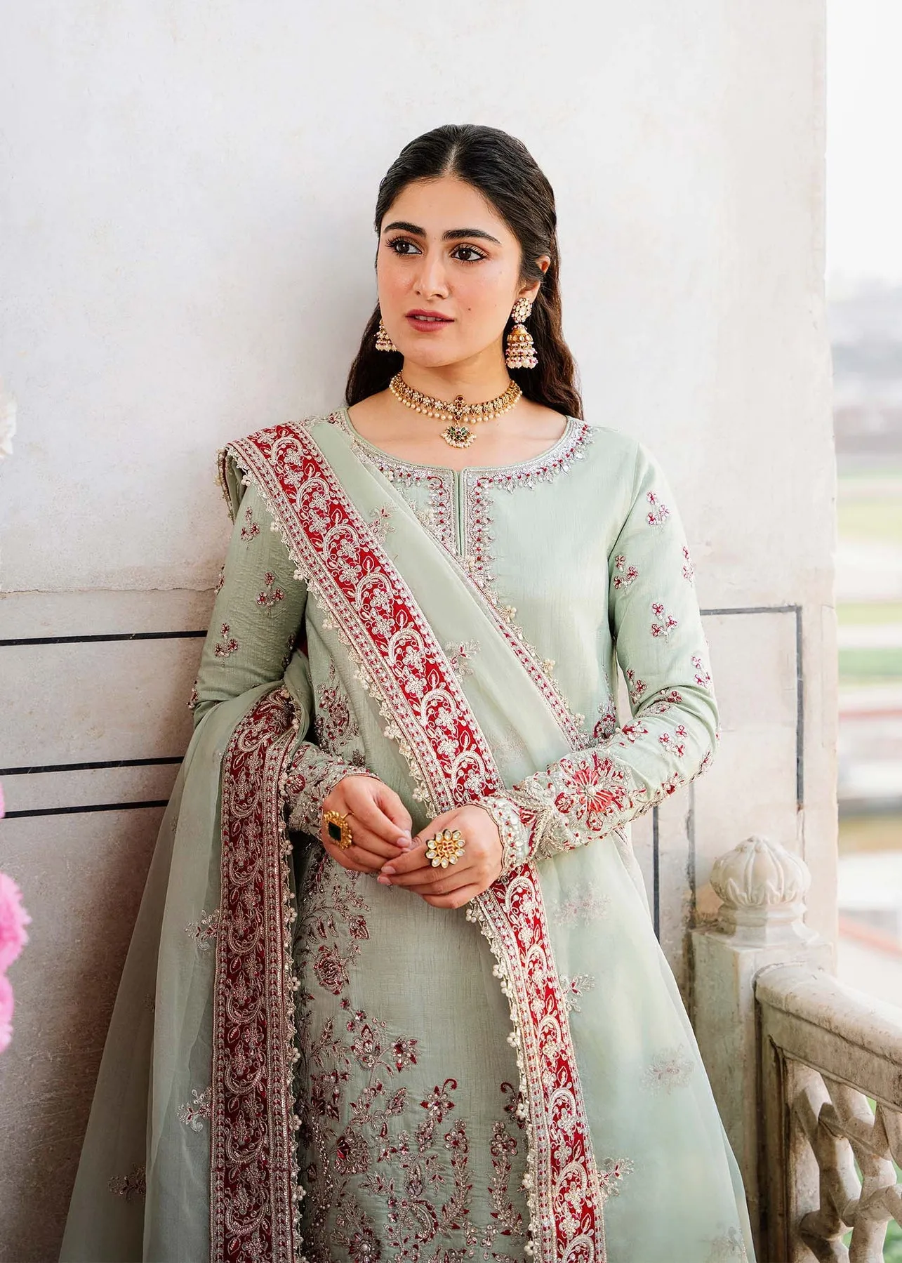 Royal Ice Blue Pakistani Salwar Kameez Embroidered Red Salwar Suit