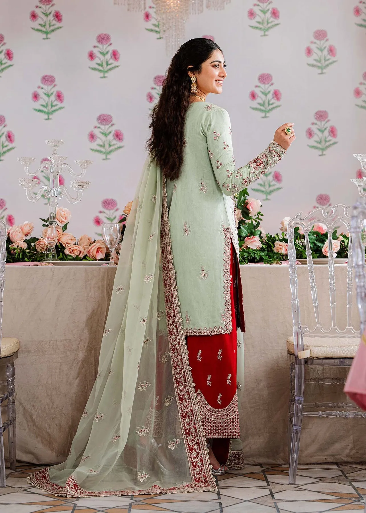 Royal Ice Blue Pakistani Salwar Kameez Embroidered Red Salwar Suit