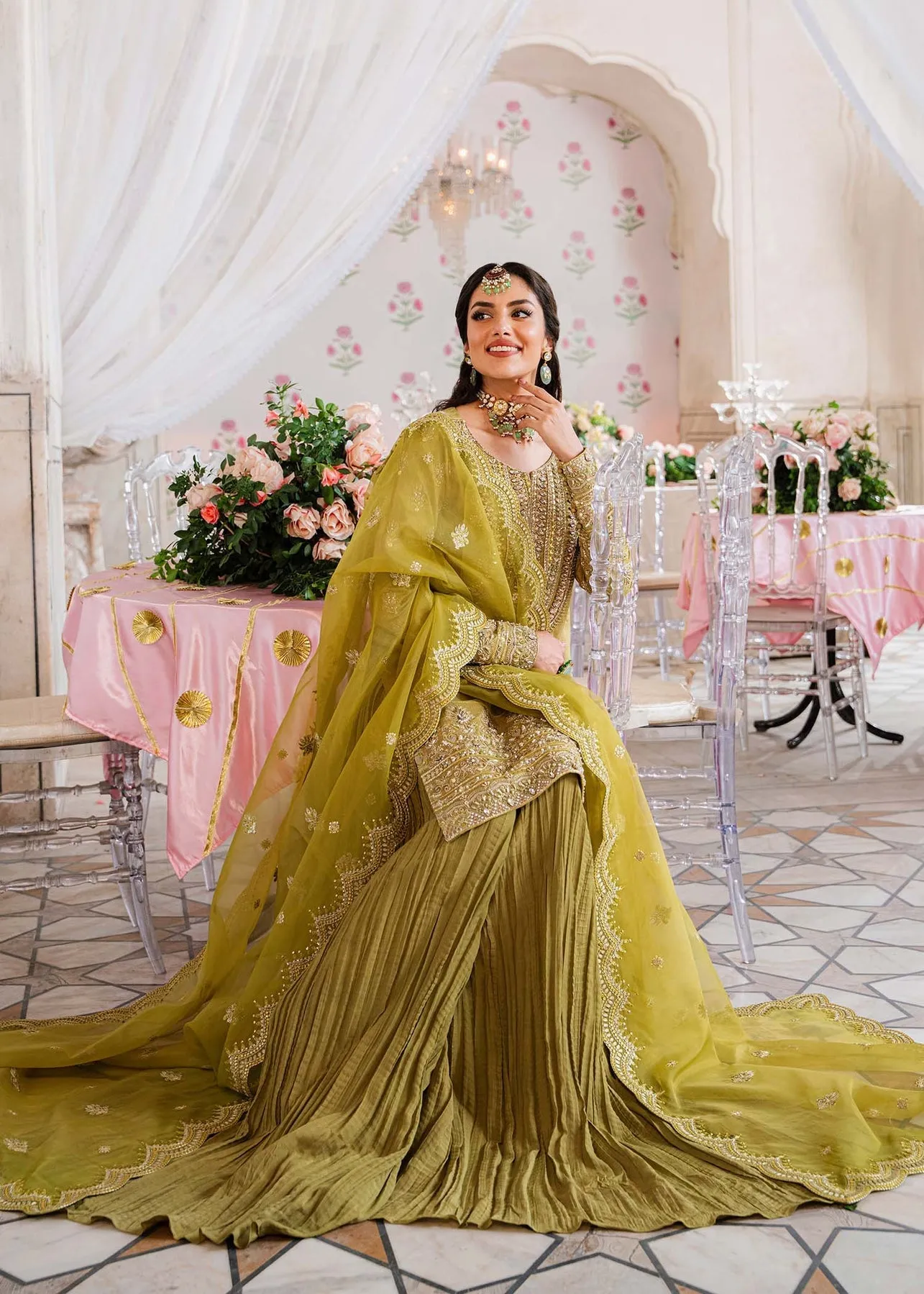 Royal Mehndi Green Embroidered Pakistani Sharara Kameez in Crushed Style