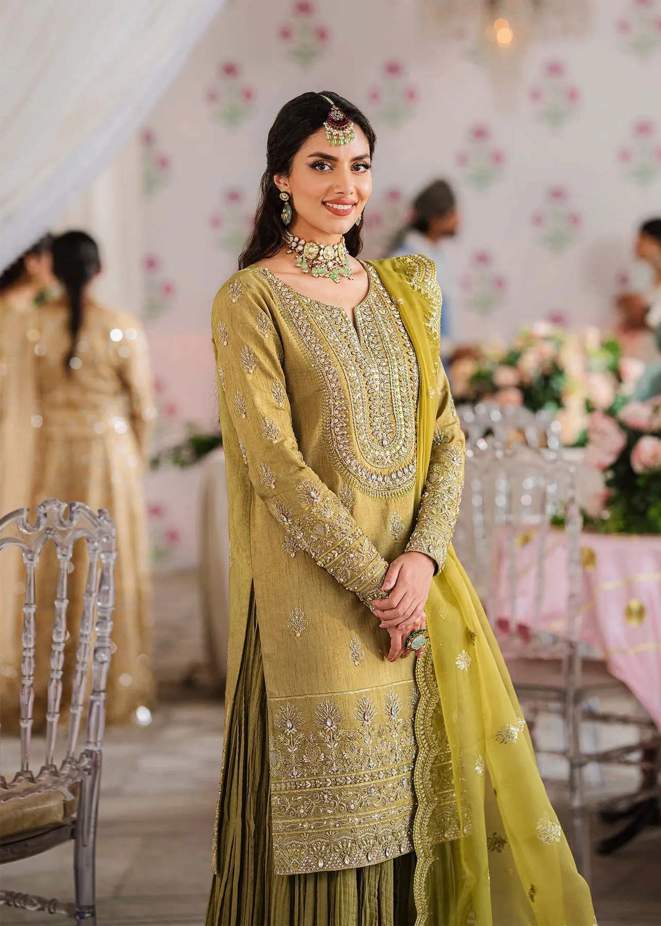 Royal Mehndi Green Embroidered Pakistani Sharara Kameez in Crushed Style