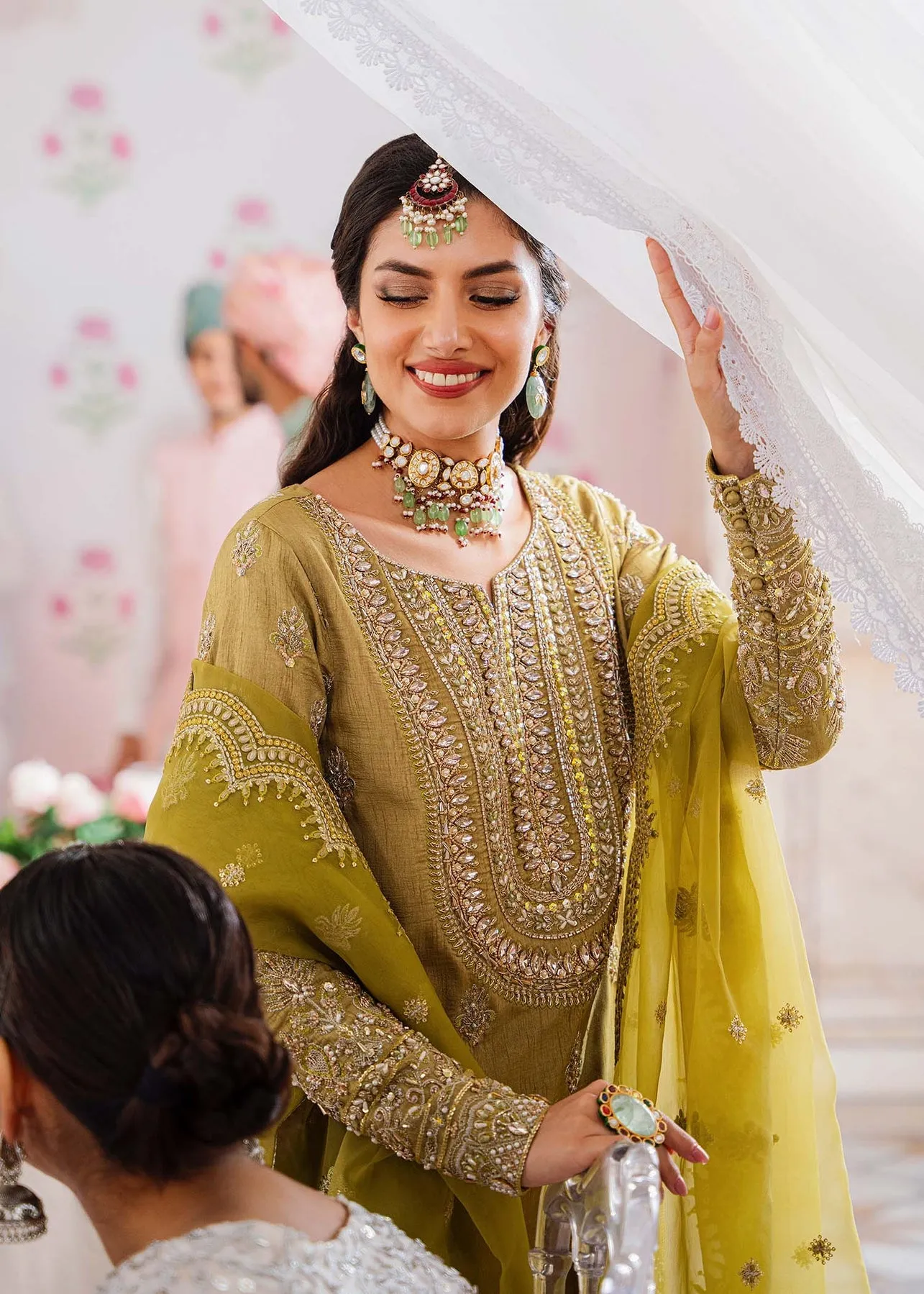 Royal Mehndi Green Embroidered Pakistani Sharara Kameez in Crushed Style
