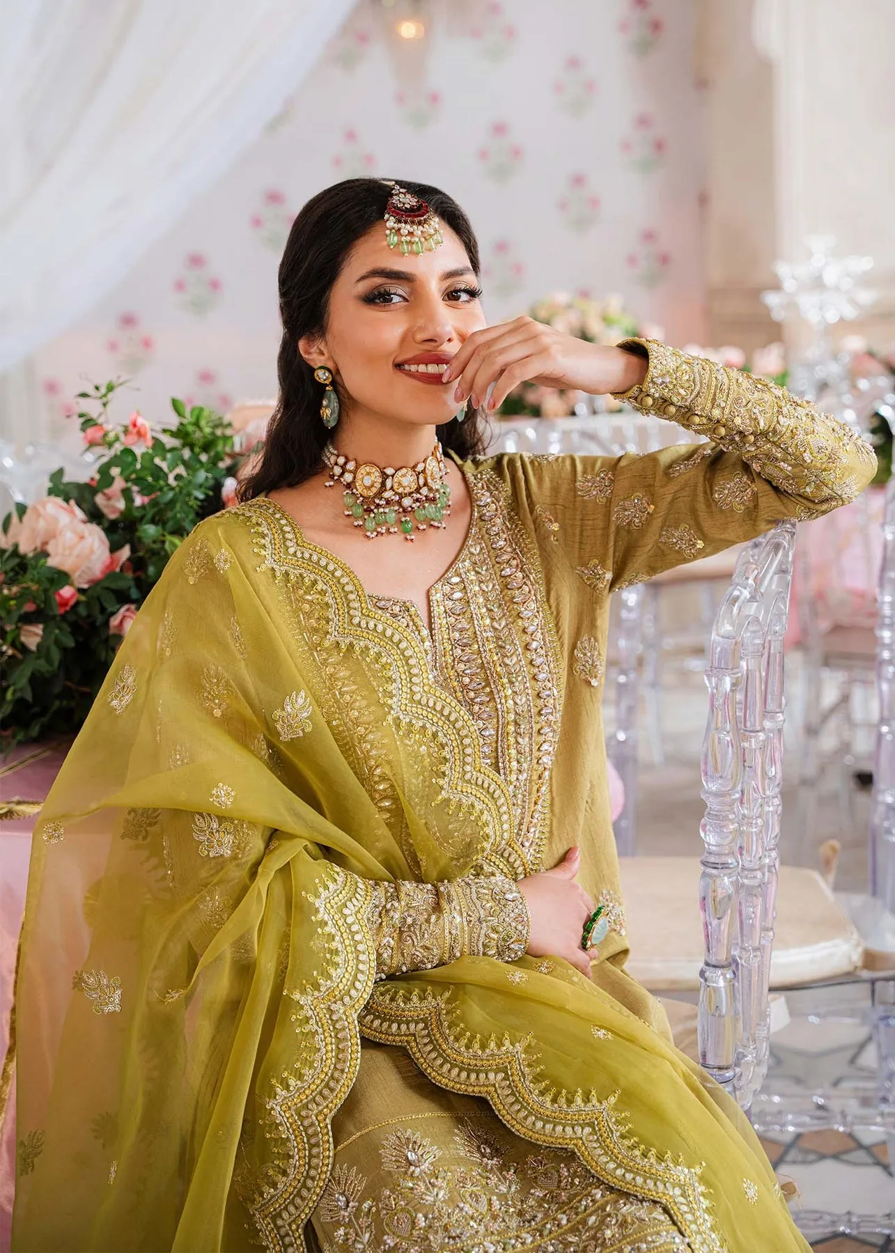 Royal Mehndi Green Embroidered Pakistani Sharara Kameez in Crushed Style