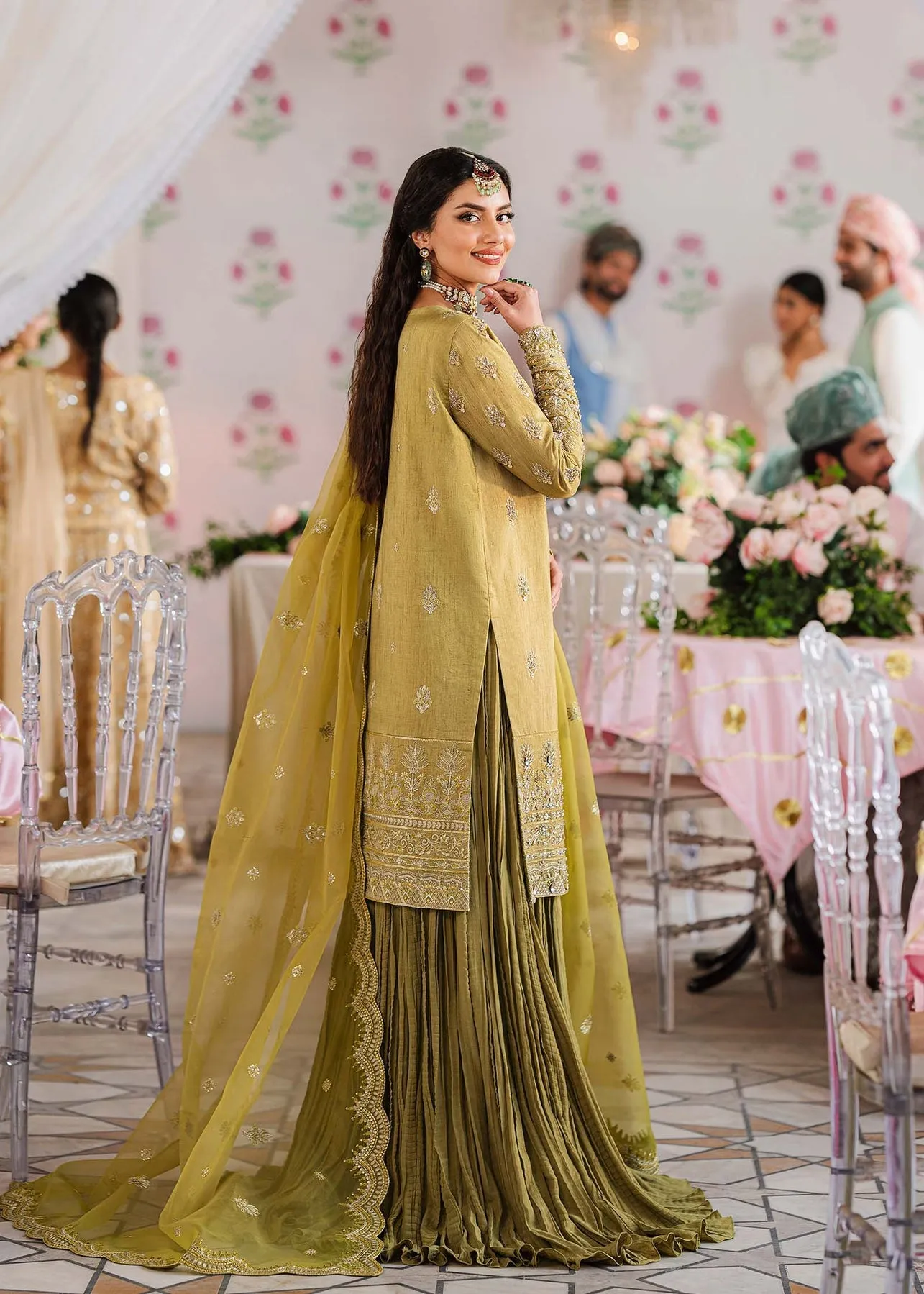 Royal Mehndi Green Embroidered Pakistani Sharara Kameez in Crushed Style