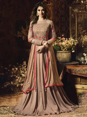 Rustic Brown Floral Embroidered Satin Anarkali Gown