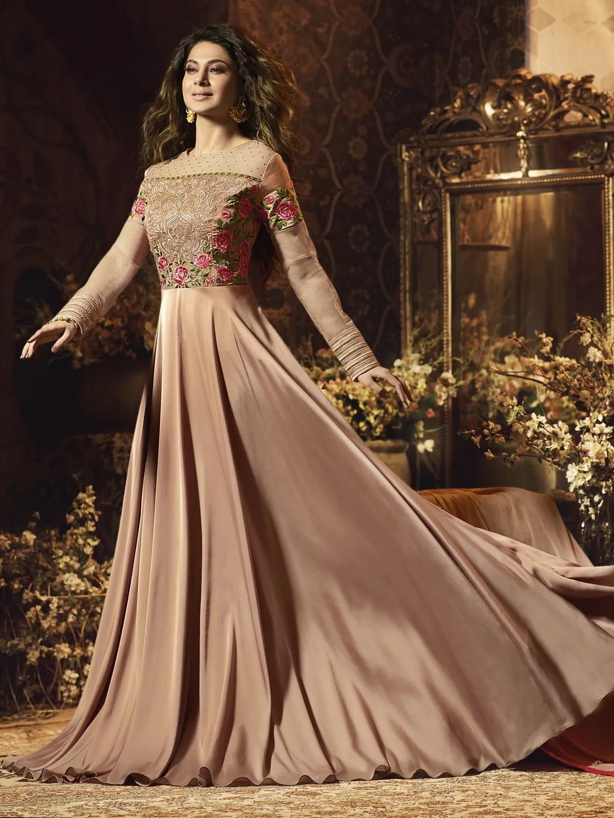 Rustic Brown Floral Embroidered Satin Anarkali Gown