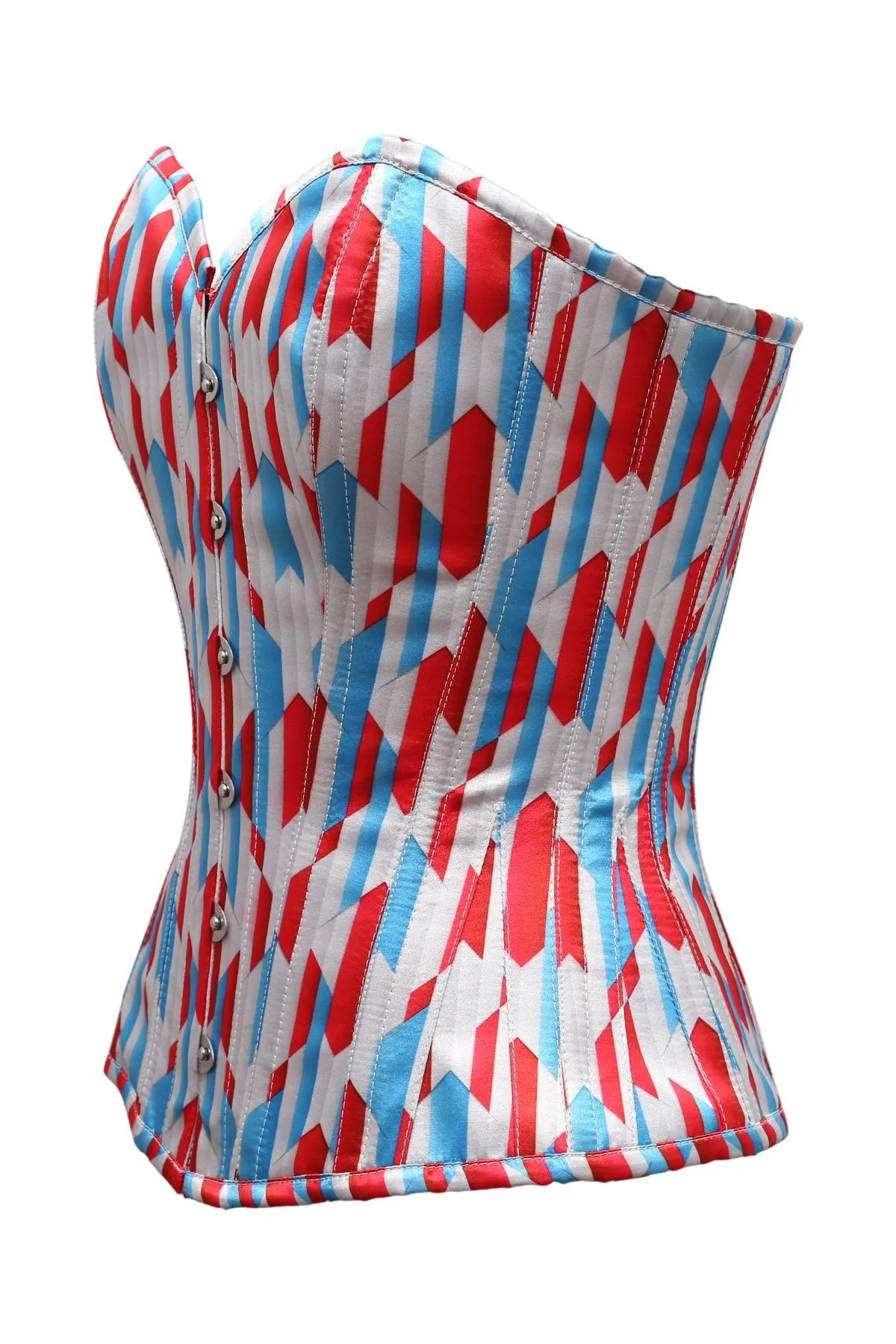 Rylee Red White Blue Zig Zag Print Satin Overbust Corset