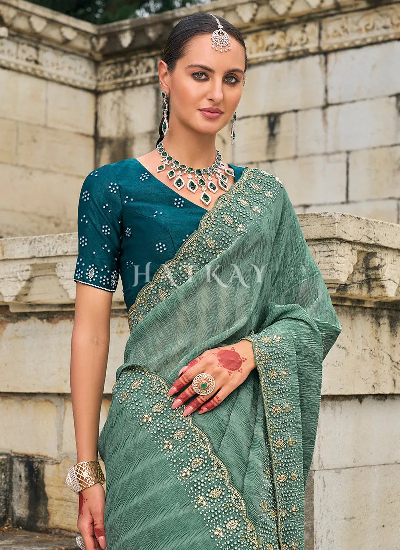 Sea Green Handwork Embroidery Wedding Saree