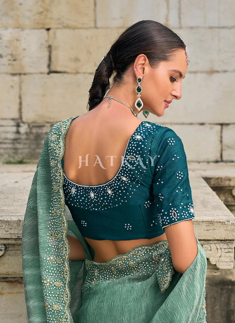 Sea Green Handwork Embroidery Wedding Saree