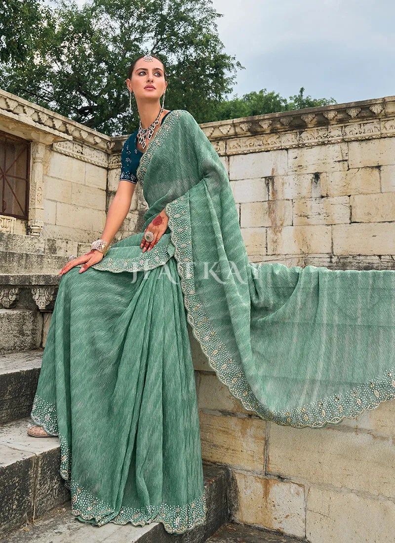 Sea Green Handwork Embroidery Wedding Saree