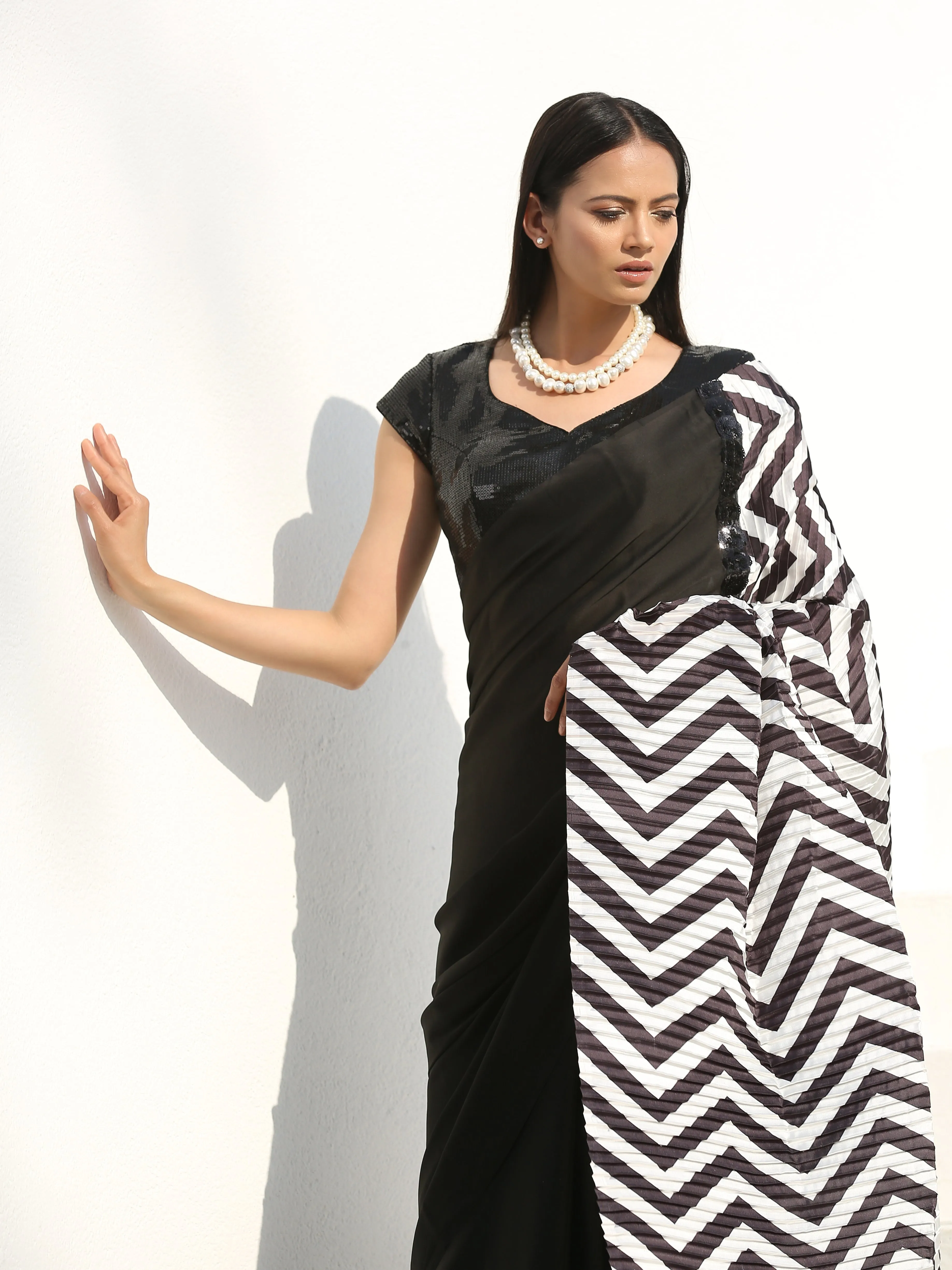 SET | BOLD Chevron & Black Satin Saree  Sequin Cap Sleeve Blouse